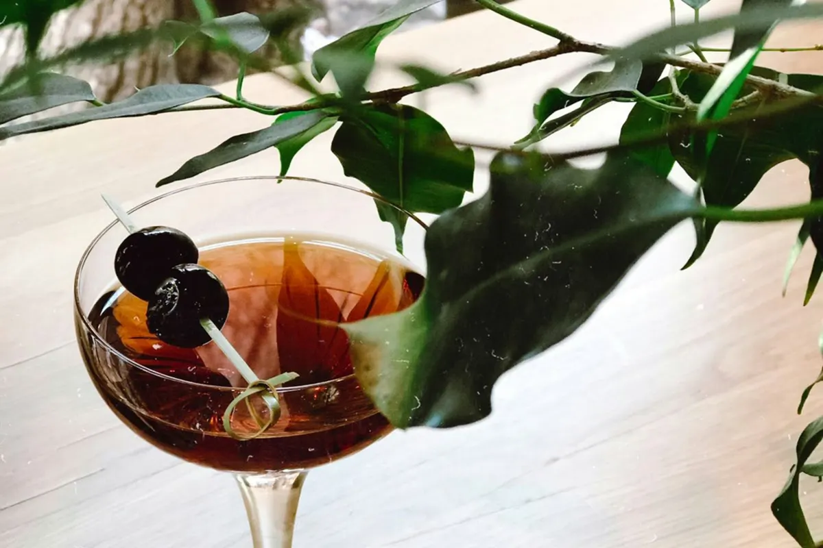 A coupe cocktail garnished with cherries beside green leaves