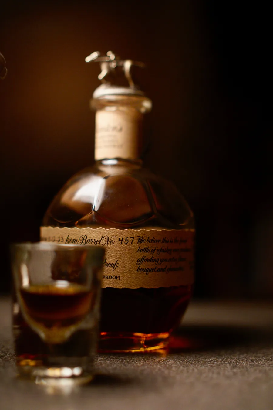 A handwritten single-barrel bourbon label