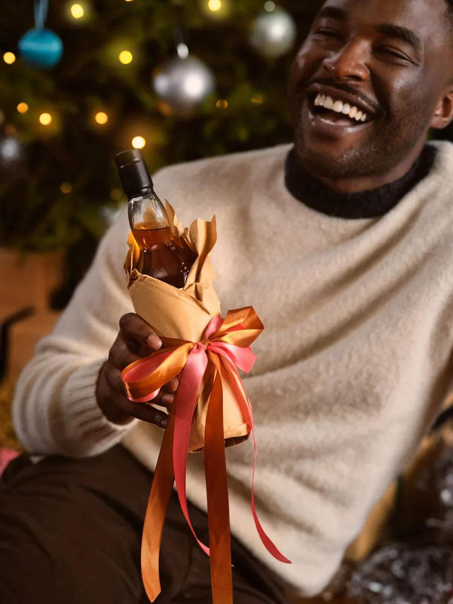 A beautifully gift-wrapped bottle